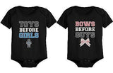 Toys Before Girls, Bows Before Guys - Cute Boy and Girl Matching Snap-on Bodysuits