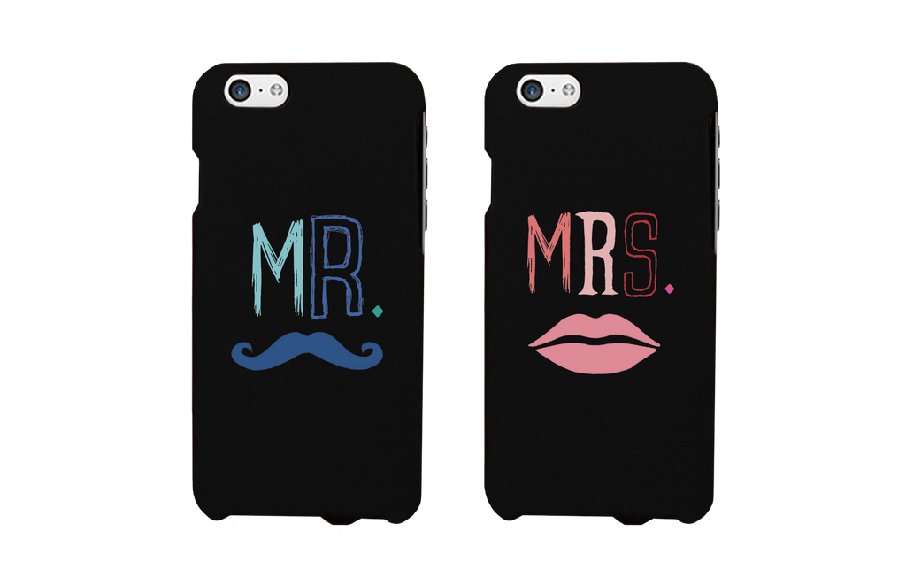 Mr. Blue Mustache & Mrs. Pink Lips Matching Couple Black Phonecases (Set)