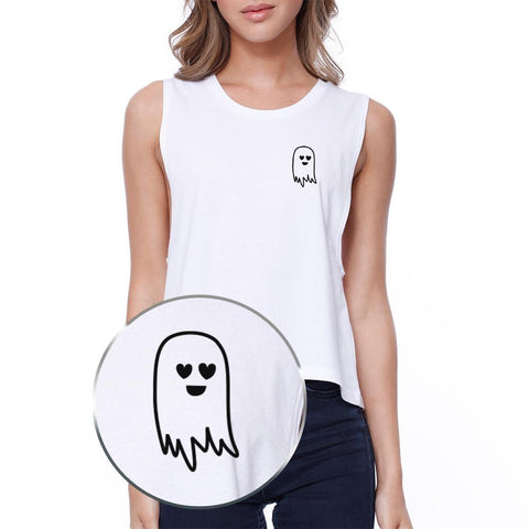 Cute Pocket Ghost Crop Tee Halloween Sleeveless Shirt Junior Tanks