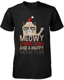 Men's Christmas Graphic Tees - Cute Grumpy Cat Meowy X-mas Black T-shirt