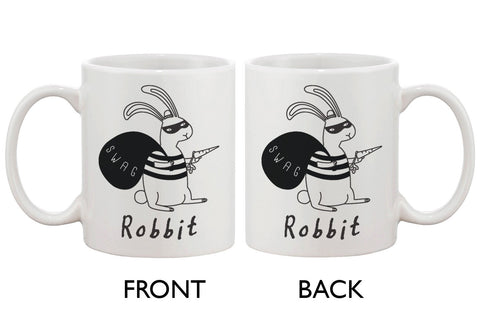 Funny and Cute Bunny Ceramic Coffee Mug - Robbit with Swag Bag 11oz Mug Cup