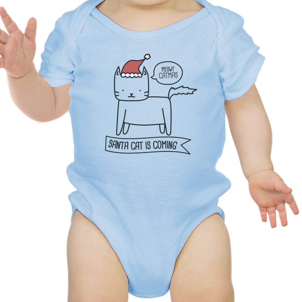 Meowy Catmas Santa Cat Is Coming Baby Sky Blue Bodysuit