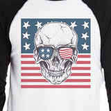 Skull American Flag Mens Black Raglan Shirt 3/4 Sleeve Crewneck