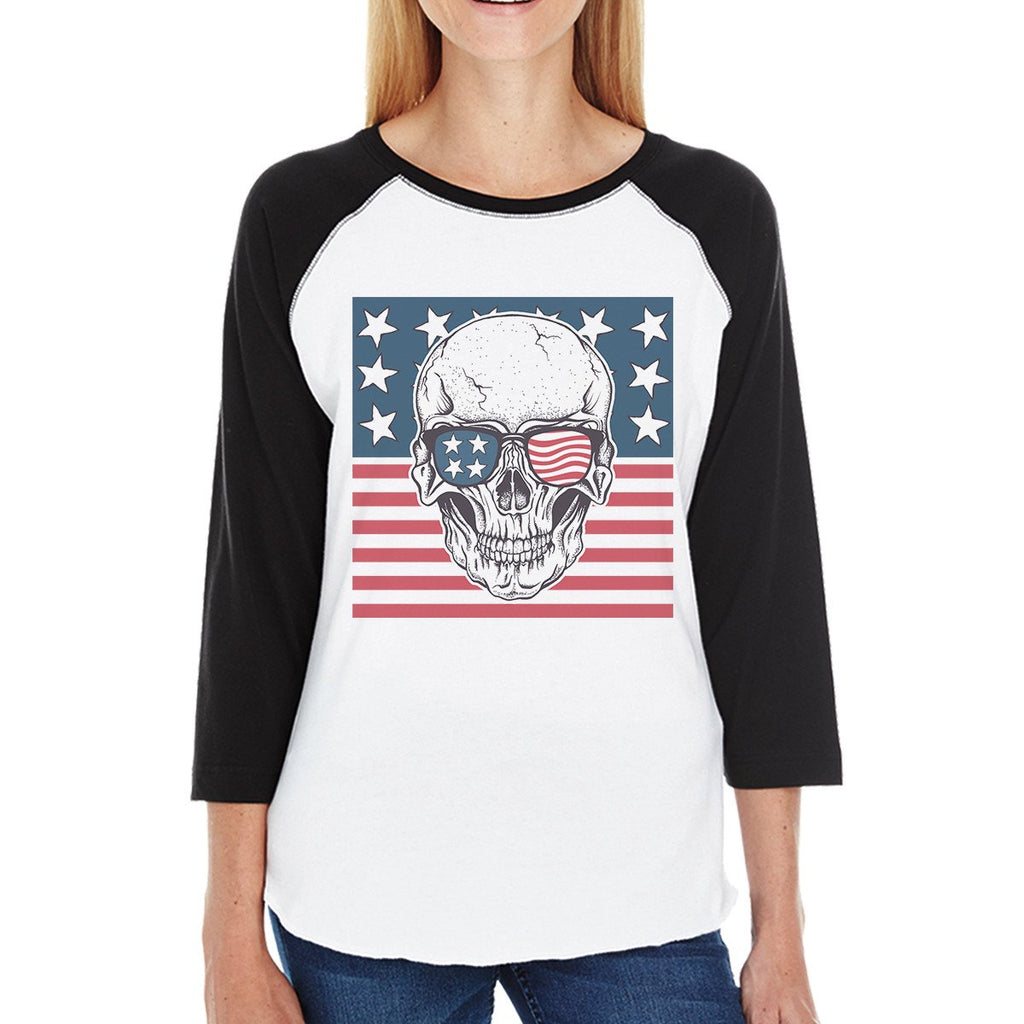 Skull American Flag Womens Black Raglan Shirt 3/4 Sleeve Crewneck