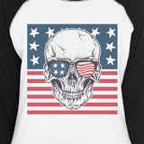 Skull American Flag Womens Black Raglan Shirt 3/4 Sleeve Crewneck