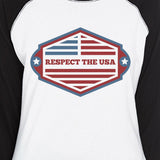 Respect The USA Womens Black Baseball Shirt 3/4 Sleeve Crew Neck