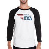 Seek & Travel USA Mens Black Baseball Tee 3/4 Sleeve Round Neck
