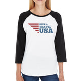 Seek & Travel USA Womens Black Baseball Tee 3/4 Sleeve Round Neck