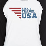 Seek & Travel USA Womens Black Baseball Tee 3/4 Sleeve Round Neck