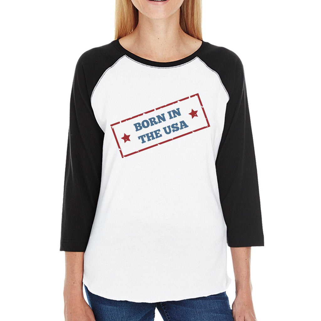 Born In The USA Womens Black Baseball Tshirt 3/4 Sleeve Graphic Tee
