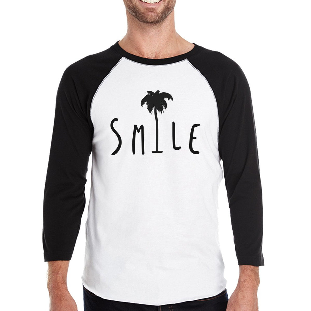 Smile Palm Tree Mens Black Sleeve Baseball Raglan Tee Summer Top