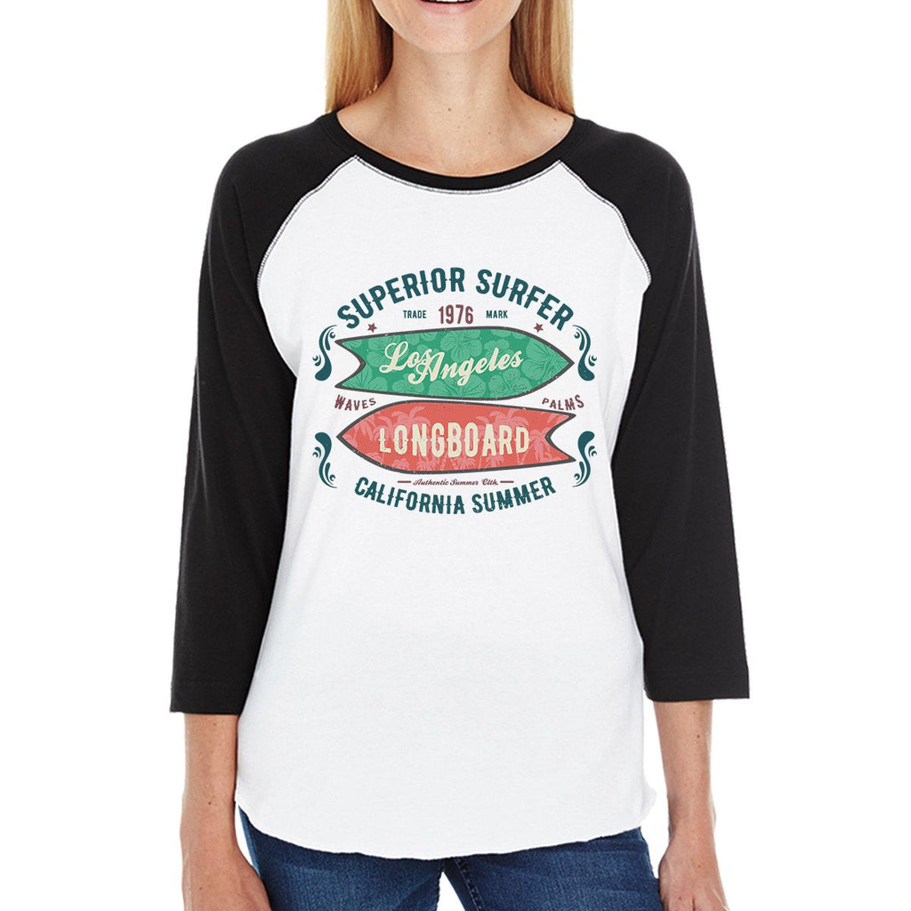 Superior Surfer Los Angeles Longboard Womens Black And White Baseball Shirt