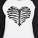 Skeleton Heart Womens Black And White BaseBall Shirt