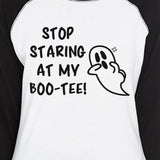 Stop Staring At My Boo-Tee Ghost Womens Black And White BaseBall Shirt