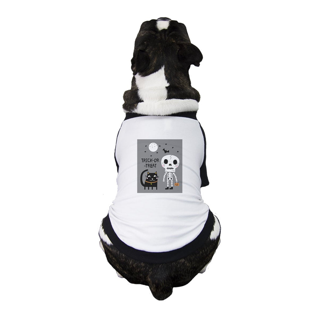 Trick-Or-Treat Skeleton Black Cat Pets Black And White BaseBall Shirt
