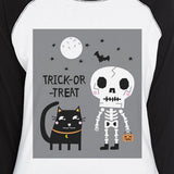Trick-Or-Treat Skeleton Black Cat Womens Black And White BaseBall Shirt