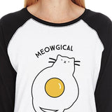 Meowgical Cat And Fried Egg Womens Black And White Baseball Shirt