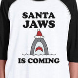 Santa Jaws Is Coming Kids Black And White Baseball Shirt