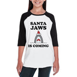 Santa Jaws Is Coming Kids Black And White Baseball Shirt