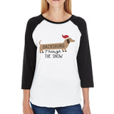 Dachshund Through The Snow Womens Black And White Baseball Shirt
