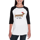Dachshund Through The Snow Kids Black And White Baseball Shirt