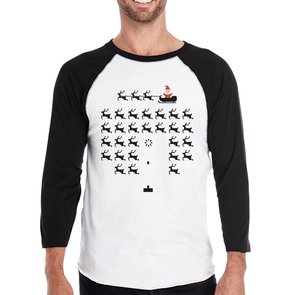 Pixel Game Santa And Rudolph Mens Black And White Baseball Shirt