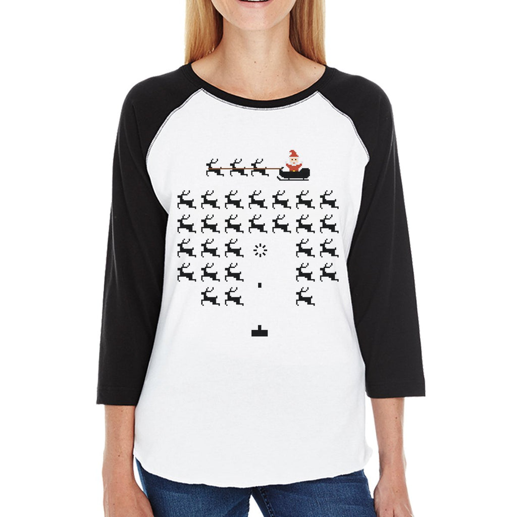 Pixel Game Santa And Rudolph Womens Black And White Baseball Shirt