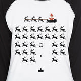 Pixel Game Santa And Rudolph Womens Black And White Baseball Shirt