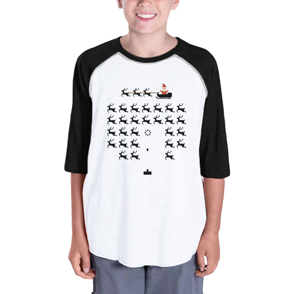 Pixel Game Santa And Rudolph Kids Black And White Baseball Shirt