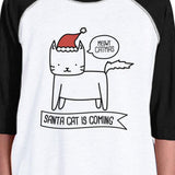 Meowy Catmas Santa Cat Is Coming Kids Black And White Baseball Shirt