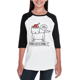 Meowy Catmas Santa Cat Is Coming Kids Black And White Baseball Shirt