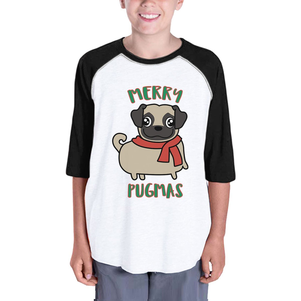 Merry Pugmas Pug Kids Black And White Baseball Shirt