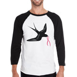Pink Ribbon And Swallows Birds Black And White Baseball Shirt