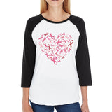 Pink Ribbon Heart Womens Black And White Baseball Shirt
