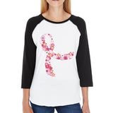 Pink Floral Ribbon Womens Black And White Baseball Shirt
