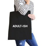 Adult-ish Black Canvas Bag Trendy Varsity Tote For College Students