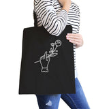 Hand Holding Flower Black Cotton Canvas Bag School Bag Craft Bag