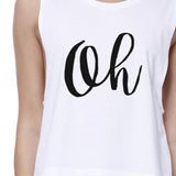 Oh Womens White Sleeveless Crop Shirt Cute Calligraphy Workout Top