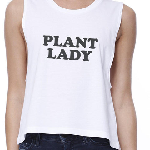 Plant Lady Women's White Cotton Crop Tee Unique Graphic Crew Neck