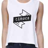 Camper Women's White Cotton Crop Tee Unique Graphic Crew Neck Tanks