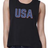 USA With Stars Womens Black Crop Top Unique USA Letter Printed Tee