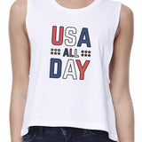USA All Day Womens White Crop Tee For Fourth of July Gifts For Her