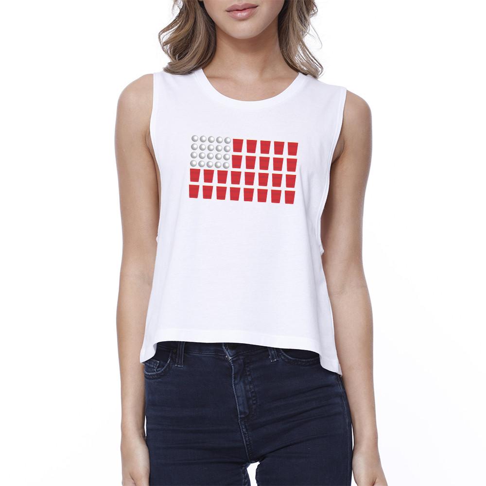 Beer Pong Flag Funny Independence Day Tee Womens White Crop Top