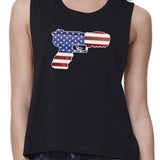 Pistol American Flag Womens Black Crop Tee Gifts For Gun Supporters