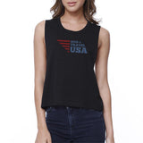 Seek & Travel USA Womens Black Crop Tee Shirt Round Neck Tank Top