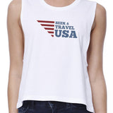 Seek & Travel USA Womens White Crop Tee Shirt Round Neck Tank Top
