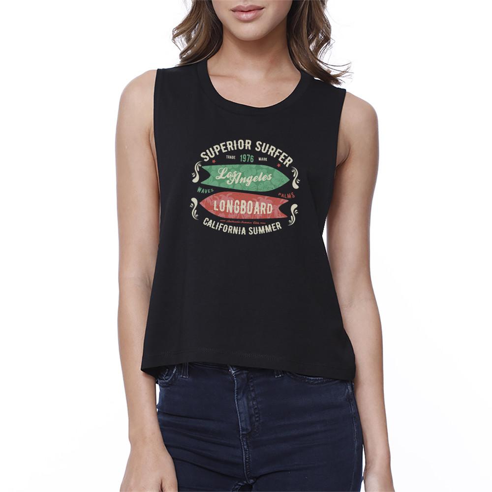Superior Surfer Los Angeles Longboard Womens Black Crop Top
