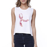 Pink Floral Ribbon Womens White Crop Top