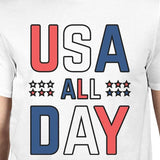 USA All Day Mens White Round Neck Tee Funny Independence Day Shirt