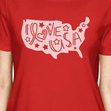 I Love USA Womens Red T-Shirt For Independence Day Cute Design Top